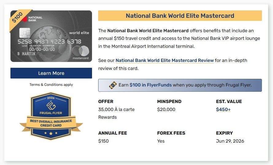 $100 rebate on National Bank World Elite Mastercard [FrugalFlyer] - 信用卡 ...